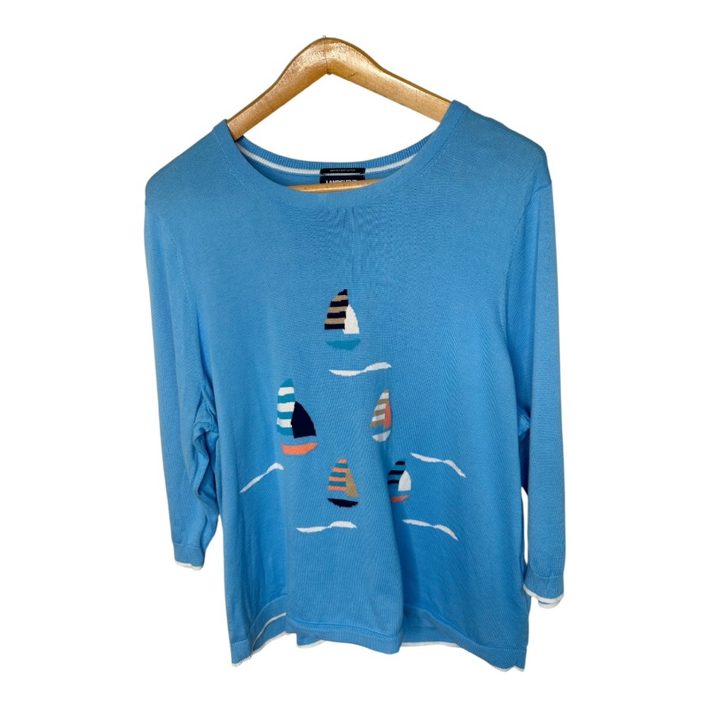Lands’ End Supima Cotton Intarsia Knit Sailboat Sweater Size 2X Blue